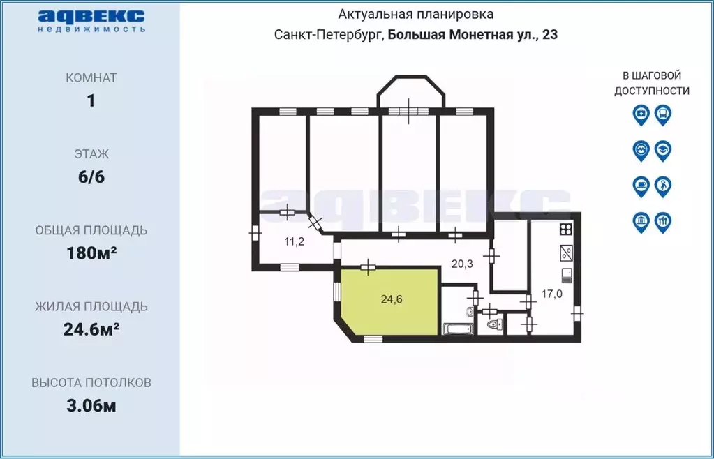 Комната Санкт-Петербург Большая Монетная ул., 23 (24.6 м) - Фото 1