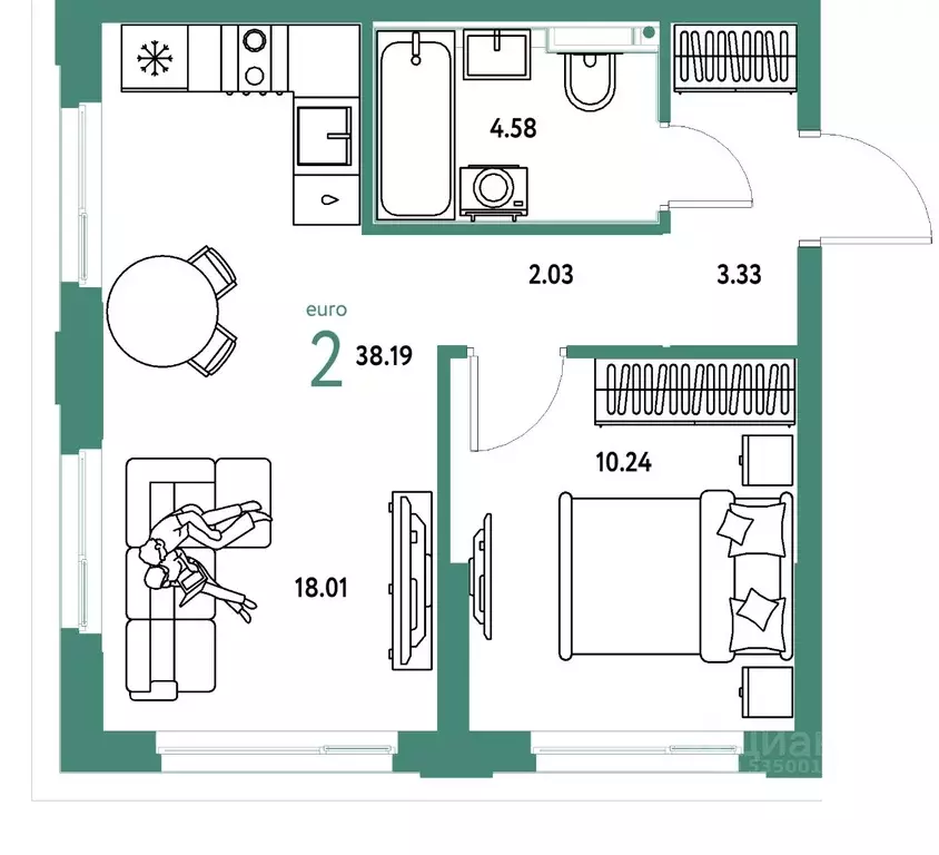 2-к кв. Тюменская область, Тюмень ул. 50 лет Октября, 61к1 (38.19 м) - Фото 1