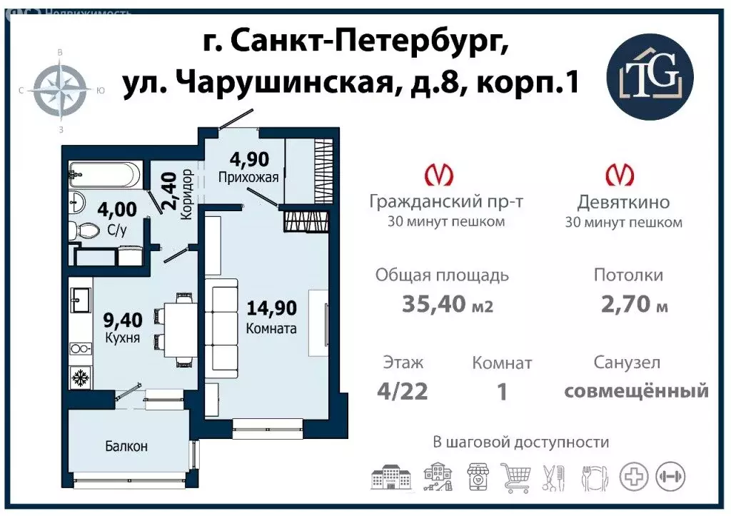 1-комнатная квартира: Санкт-Петербург, Чарушинская улица, 8 (35.4 м) - Фото 1