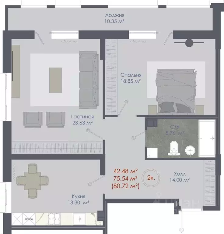 2-к кв. Воронежская область, Воронеж ул. Любы Шевцовой, 31 (80.72 м) - Фото 1