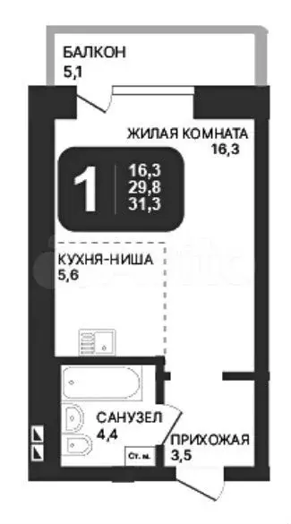 Квартира-студия, 31,5 м, 6/24 эт. - Фото 0