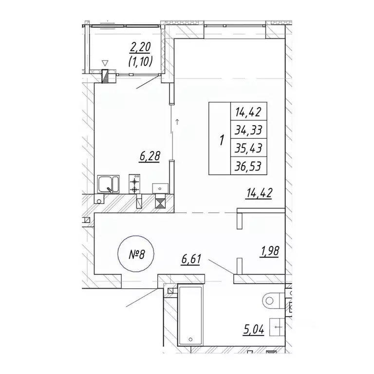 1-к кв. Калининградская область, Зеленоградск  (35.43 м) - Фото 2