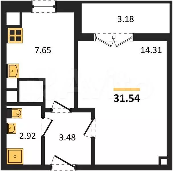 1-к. квартира, 31,5 м, 9/9 эт. - Фото 1