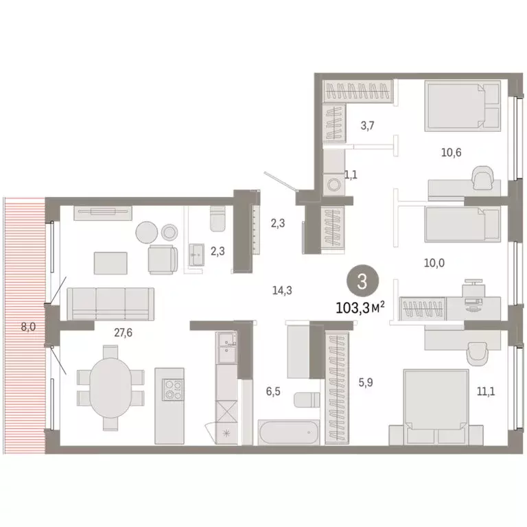3-комнатная квартира: Омск, Кировский округ (103.26 м) - Фото 1
