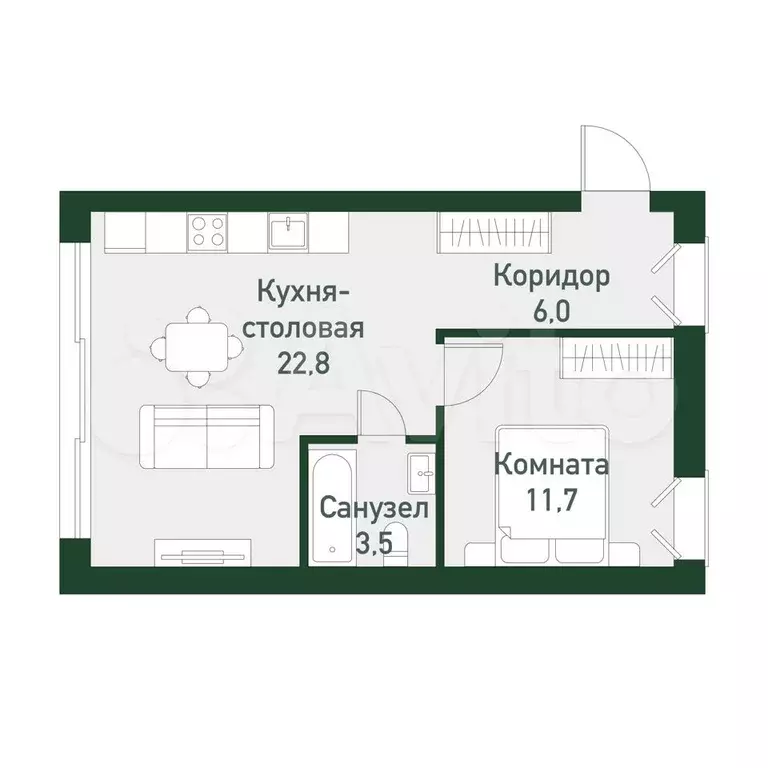 1-к. квартира, 43,6 м, 2/3 эт. - Фото 0