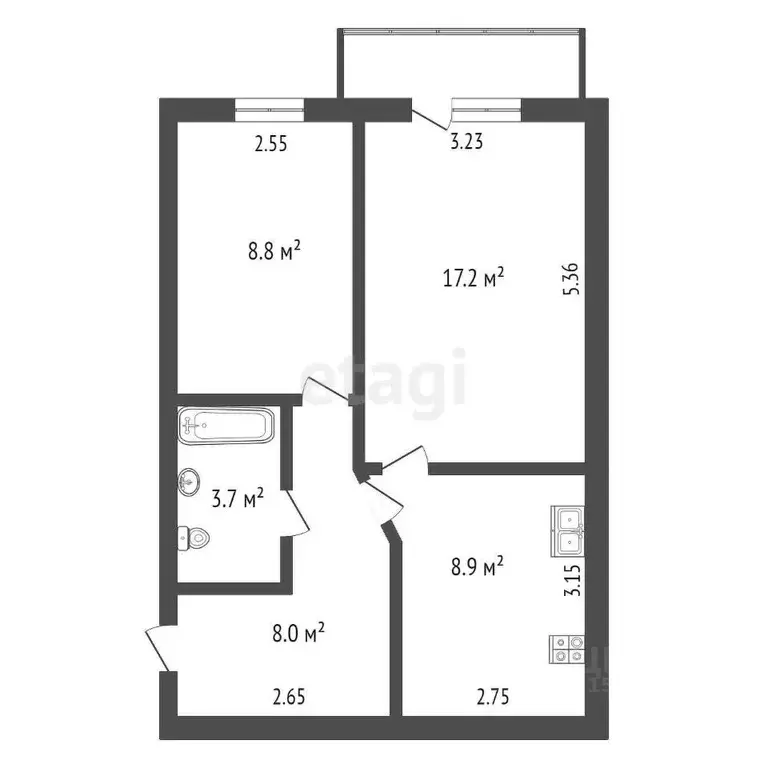 2-к кв. Ямало-Ненецкий АО, Новый Уренгой Юбилейная ул., 1Г (48.7 м) - Фото 1