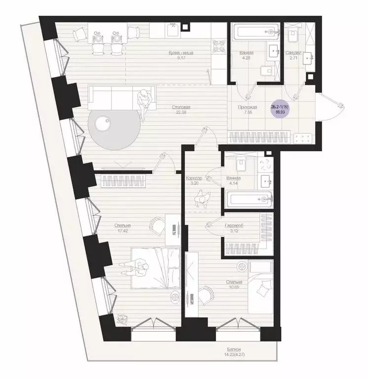 2-комнатная квартира: Казань, ЖК Яналиф (88.93 м) - Фото 2