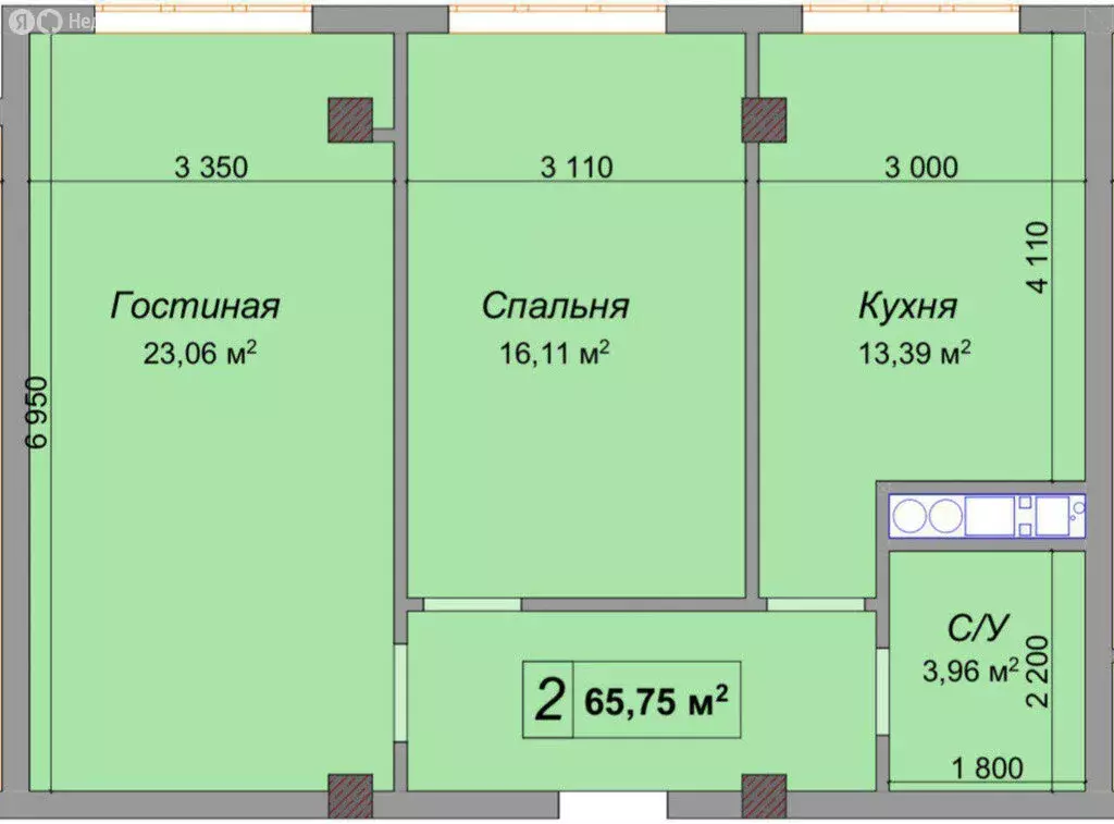 2-комнатная квартира: Нальчик, улица Тарчокова, 135 (65.75 м) - Фото 1