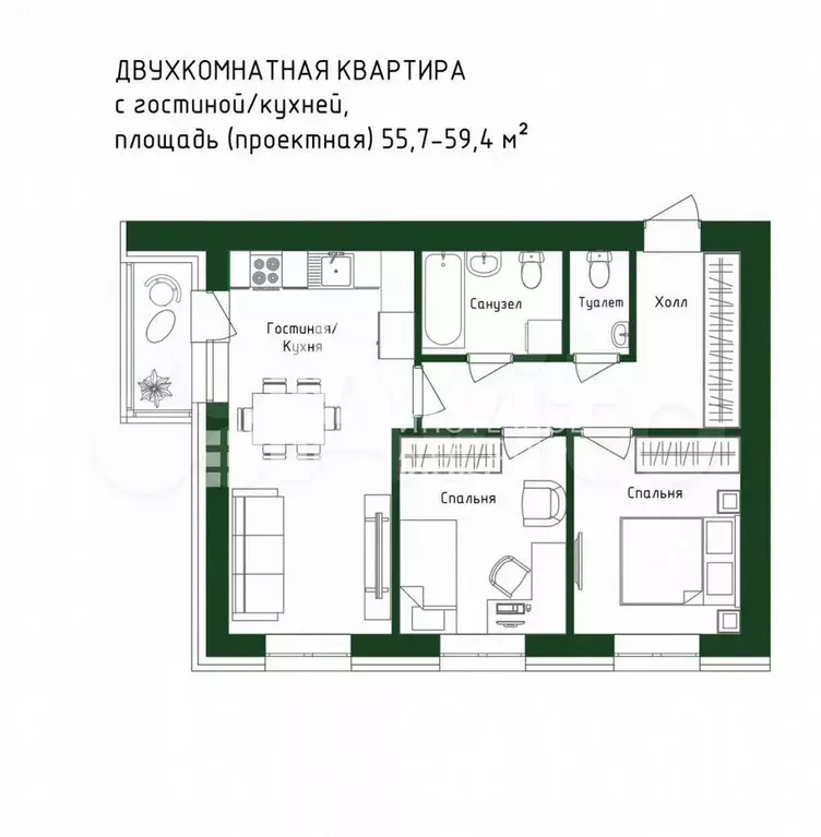 2-к. квартира, 59 м, 13/15 эт. - Фото 0