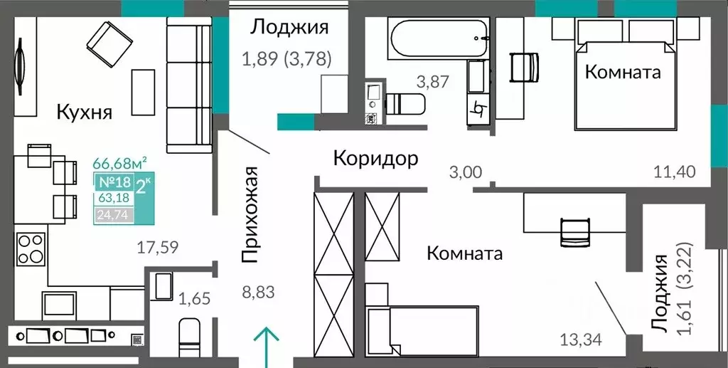 2-к кв. Крым, Симферополь ул. Александра Захарченко (63.18 м) - Фото 0