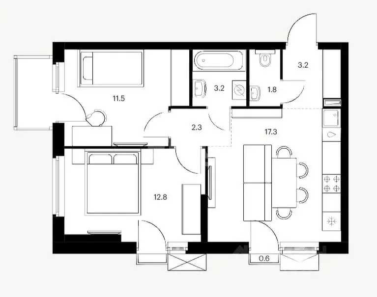 2-к кв. Татарстан, Казань ул. Асада Аббасова (52.7 м) - Фото 1