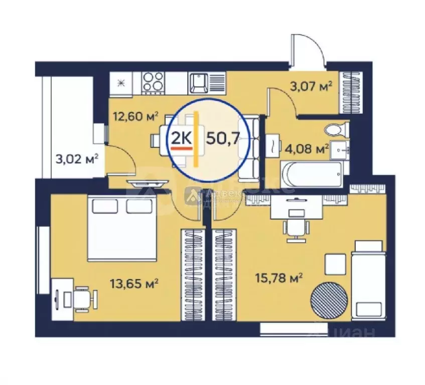 2-к кв. Тюменская область, Тюмень ул. Менжинского, 60 (51.95 м) - Фото 1