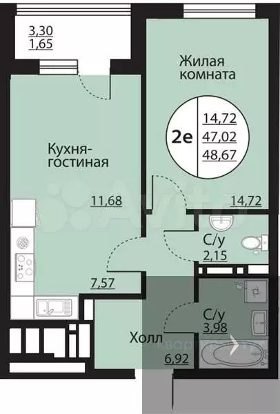 1-к. квартира, 48,7 м, 18/24 эт. - Фото 0