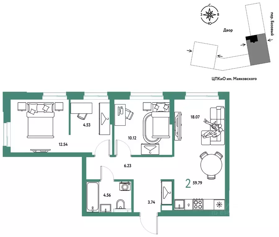 2-к кв. Свердловская область, Екатеринбург пер. Базовый, 10 (59.79 м) - Фото 1