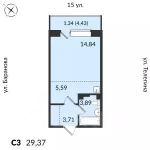 1-к кв. Удмуртия, Ижевск 15-я ул., 13 (29.37 м) - Фото 0