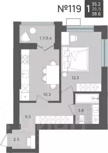 1-к кв. Калининградская область, Пионерский Рабочая ул., 11 (36.9 м) - Фото 1