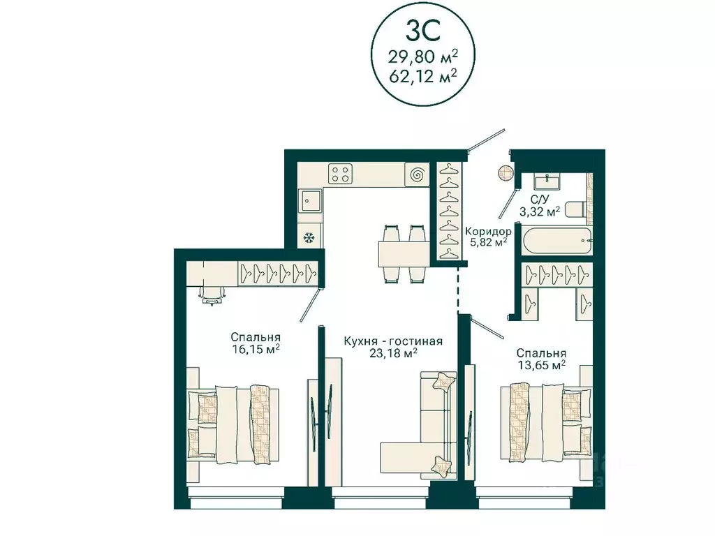 3-к кв. Башкортостан, Уфа Сердце Уфы жилой комплекс (62.12 м) - Фото 2