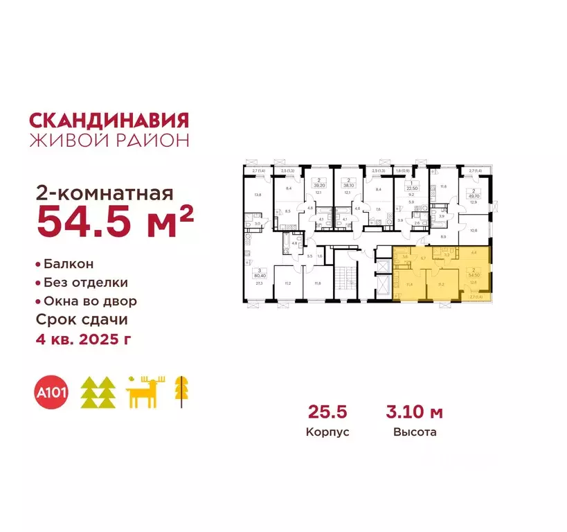 2-к кв. Москва Скандинавия жилой комплекс, 25.5 (54.5 м) - Фото 2