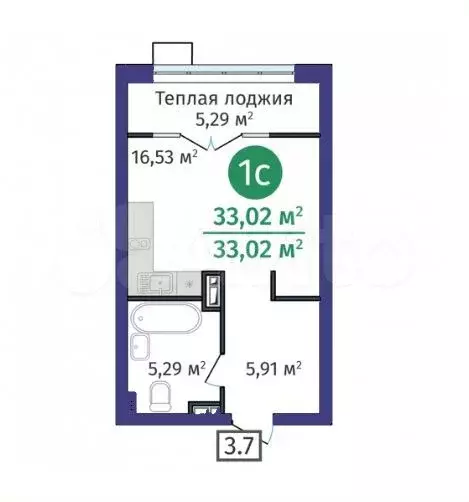 Квартира-студия, 33м, 3/24эт. - Фото 1