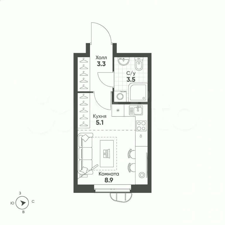 Квартира-студия, 20,8 м, 2/14 эт. - Фото 0