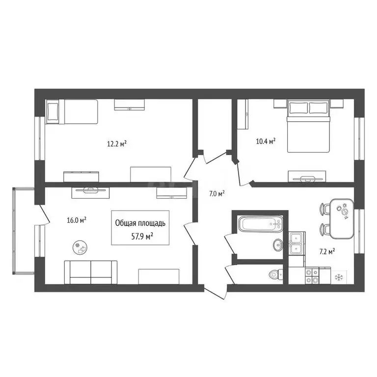 3-комнатная квартира: станция Евсино, улица Гагарина, 53 (57.9 м) - Фото 1