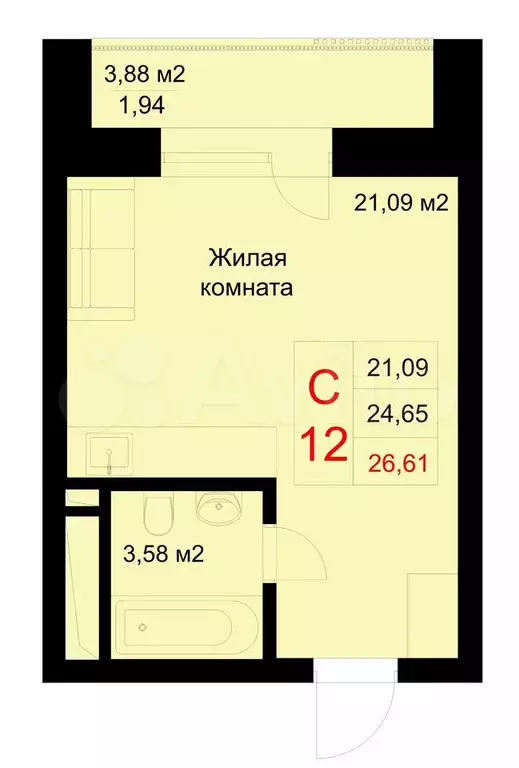 Квартира-студия, 26,6 м, 3/10 эт. - Фото 0