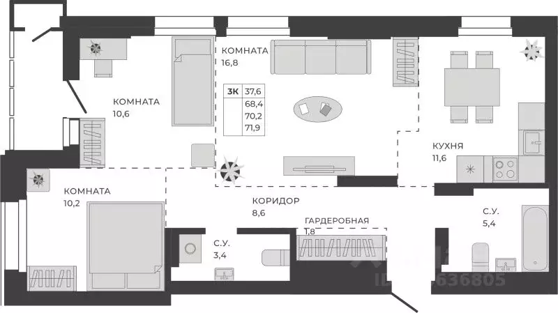 3-к кв. Алтайский край, Барнаул тракт Павловский, 251Б (70.2 м) - Фото 1