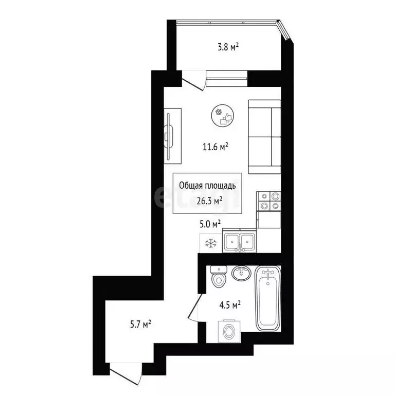 Квартира-студия: Новосибирск, Приморская улица, 24 (26.3 м) - Фото 0