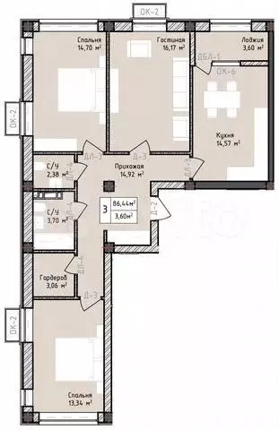 3-к. квартира, 86,4 м, 3/8 эт. - Фото 0