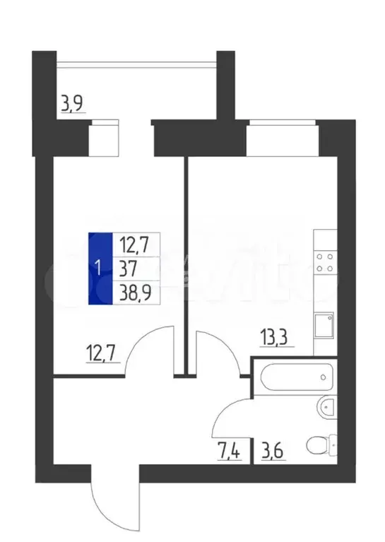 1-к. квартира, 38,9 м, 3/9 эт. - Фото 0