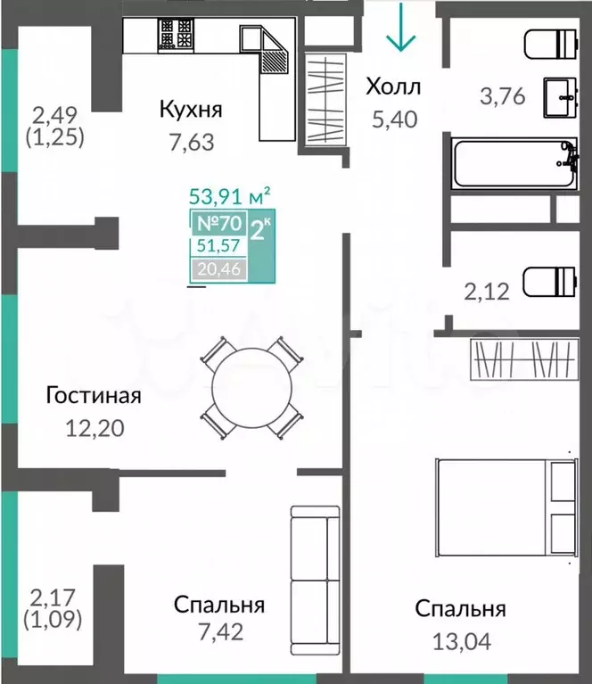 2-к. квартира, 53,9 м, 10/16 эт. - Фото 0