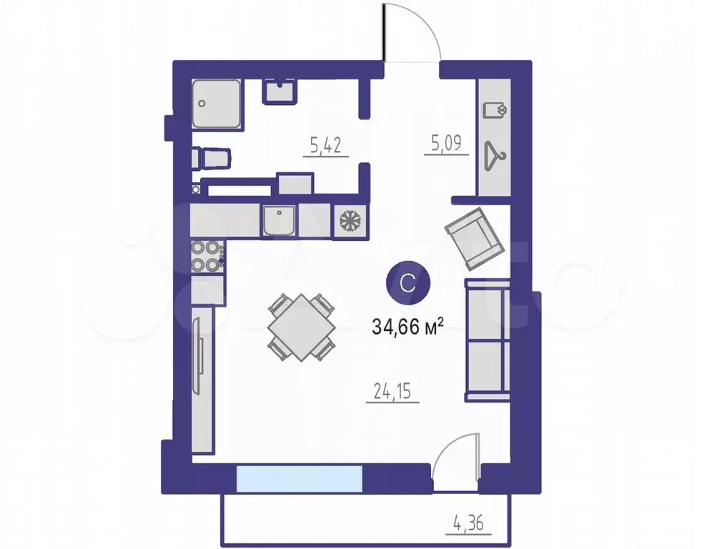 Квартира-студия, 34,7 м, 4/4 эт. - Фото 1