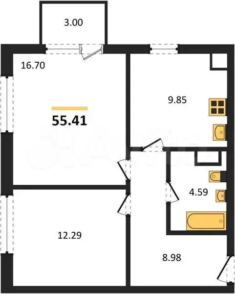 2-к. квартира, 55,4 м, 4/4 эт. - Фото 1