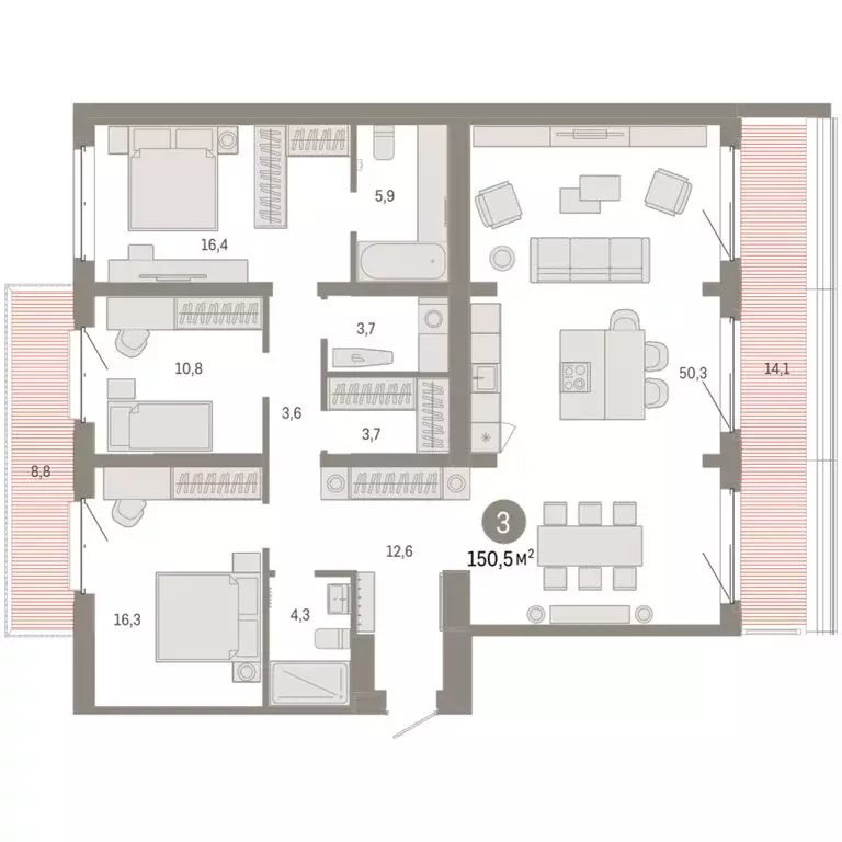 3-комнатная квартира: Тюмень, жилой комплекс На Минской (150.53 м) - Фото 2