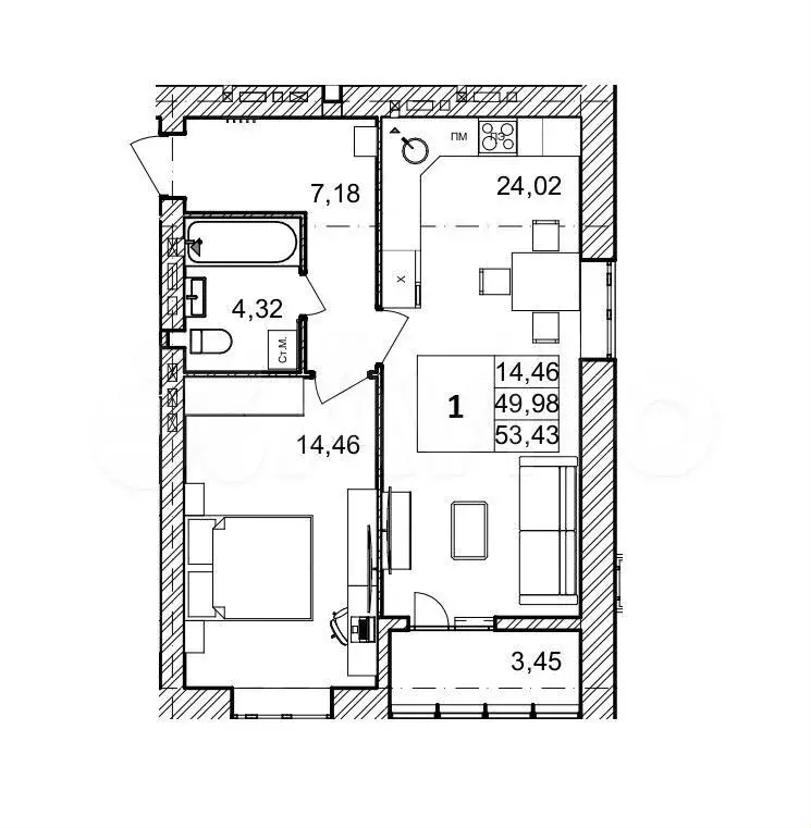 1-к. квартира, 53,4 м, 1/9 эт. - Фото 1