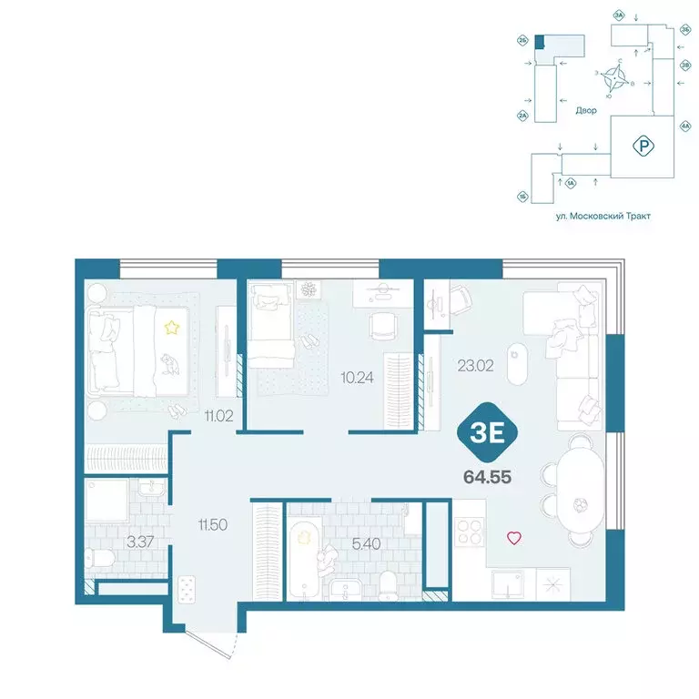3-комнатная квартира: Тюмень, жилой комплекс Сибирский (64.55 м) - Фото 1