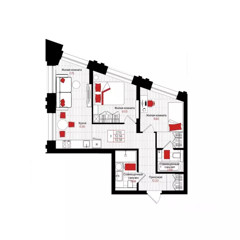 2-к кв. Татарстан, Казань Лето жилой комплекс (52.56 м) - Фото 1