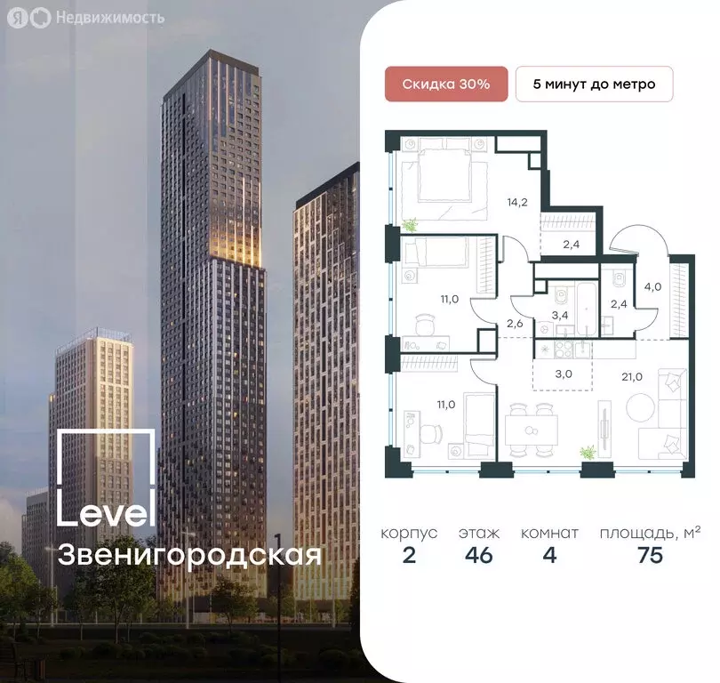 4-комнатная квартира: Москва, жилой комплекс Левел Звенигородская, к2 ... - Фото 0