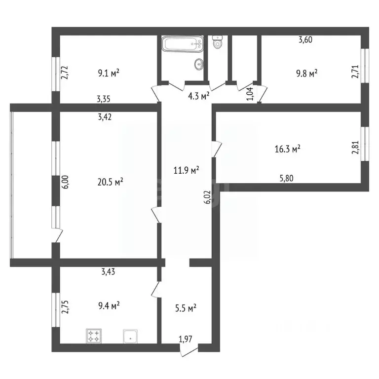 4-к кв. Амурская область, Благовещенск Больничная ул., 24/2 (96.8 м) - Фото 2