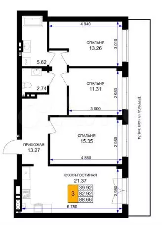 3-к. квартира, 88,7 м, 1/7 эт. - Фото 1