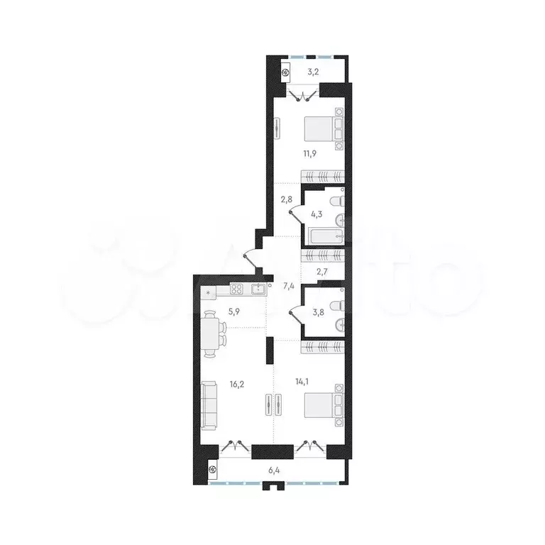 3-к. квартира, 69,1 м, 9/20 эт. - Фото 0