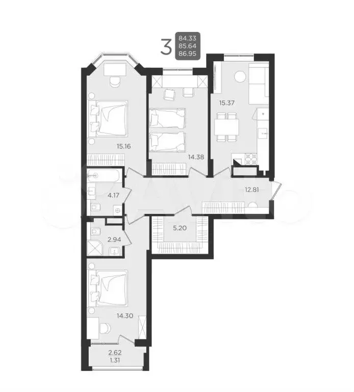 3-к. квартира, 85,8 м, 4/9 эт. - Фото 1