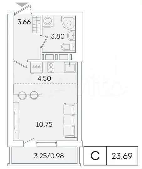 Квартира-студия, 22,8 м, 13/16 эт. - Фото 0