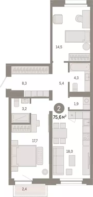 2-комнатная квартира: Тюмень, Мысовская улица, 26к2 (75.58 м) - Фото 1