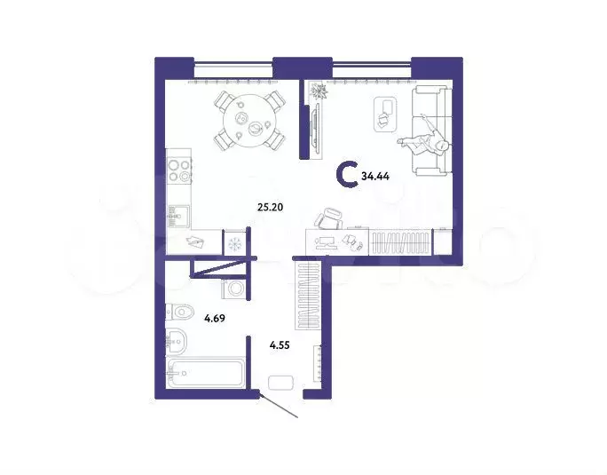 Квартира-студия, 34,4 м, 13/15 эт. - Фото 1