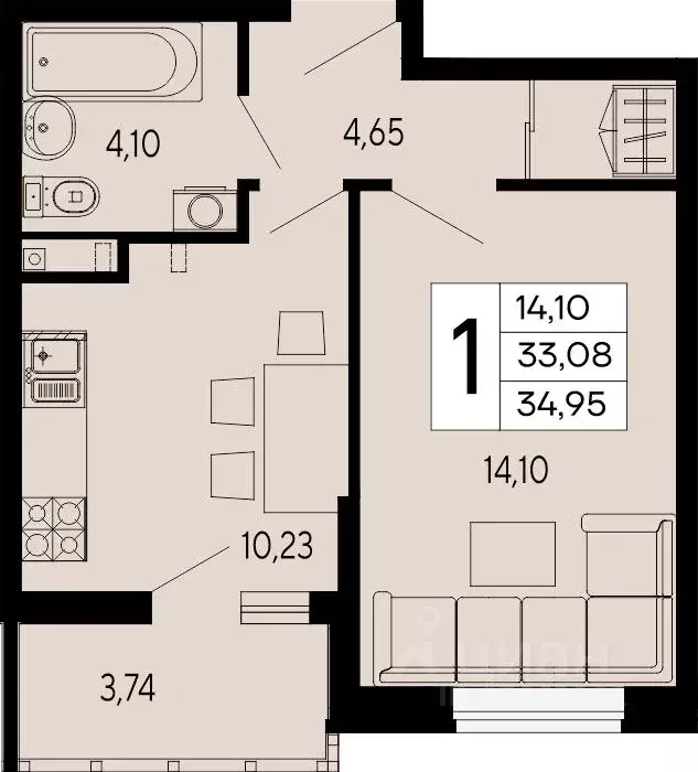 1-к кв. Адыгея, Майкоп 9 Мая ул. (34.95 м) - Фото 1