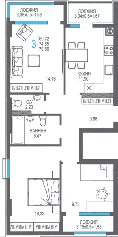 3-к кв. Крым, Алушта На Фонтанке жилой комплекс (74.65 м) - Фото 0