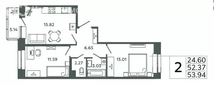 2-комнатная квартира: Новоселье, ЖК Загляденье (52.96 м) - Фото 0