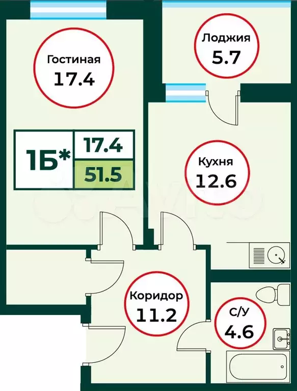 1-к. квартира, 51,5 м, 4/8 эт. - Фото 0