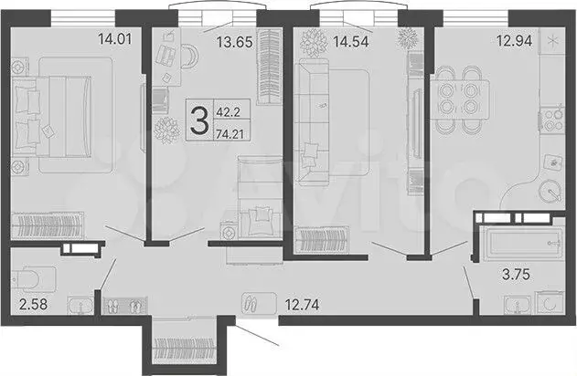 2-к. квартира, 74,2 м, 10/13 эт. - Фото 1